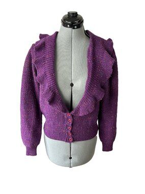 Vintage 80's Deep V Ruffled Purple Cardigan Sweater M Wool Blend